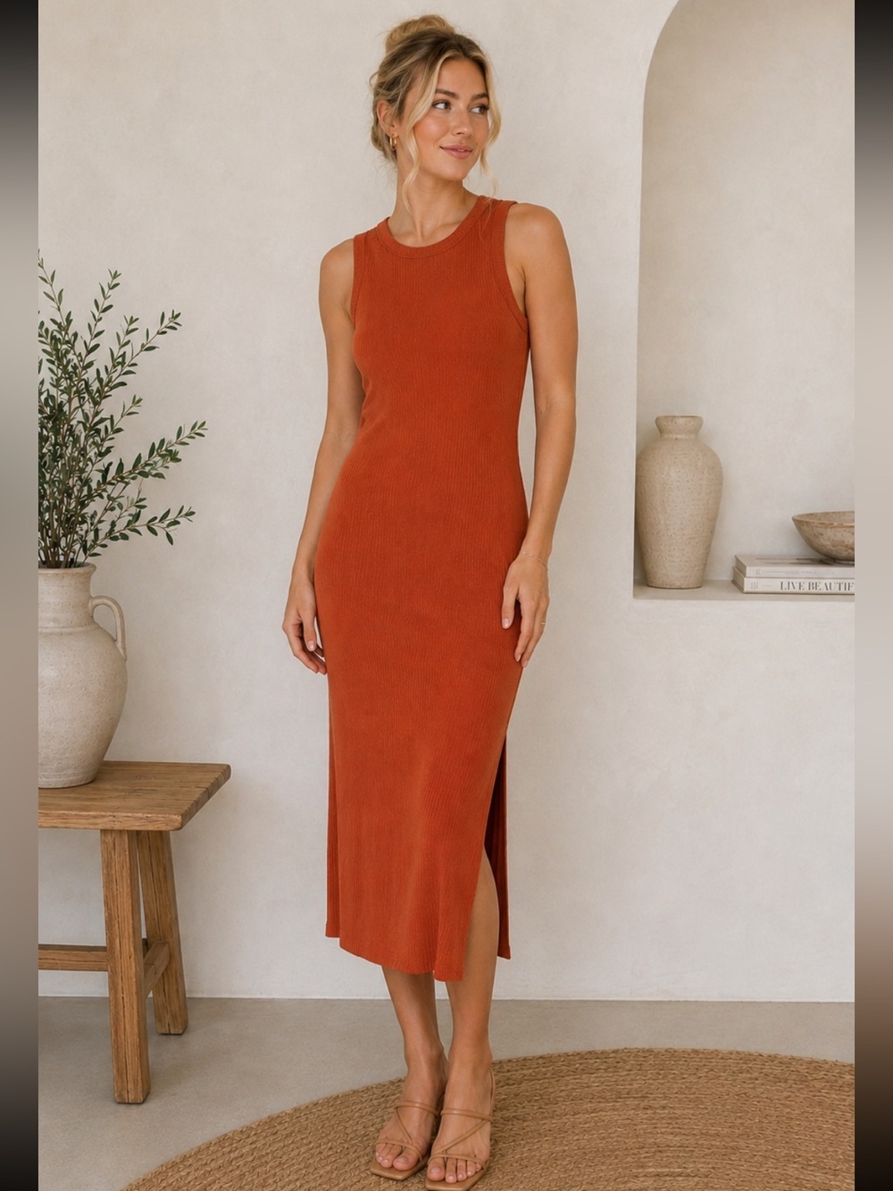 Bar III Ribbed Side-Tie Midi Dress Terra Stone Rust Orange NWT M 54621